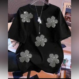 Black Rhinestone Floral Women's Top